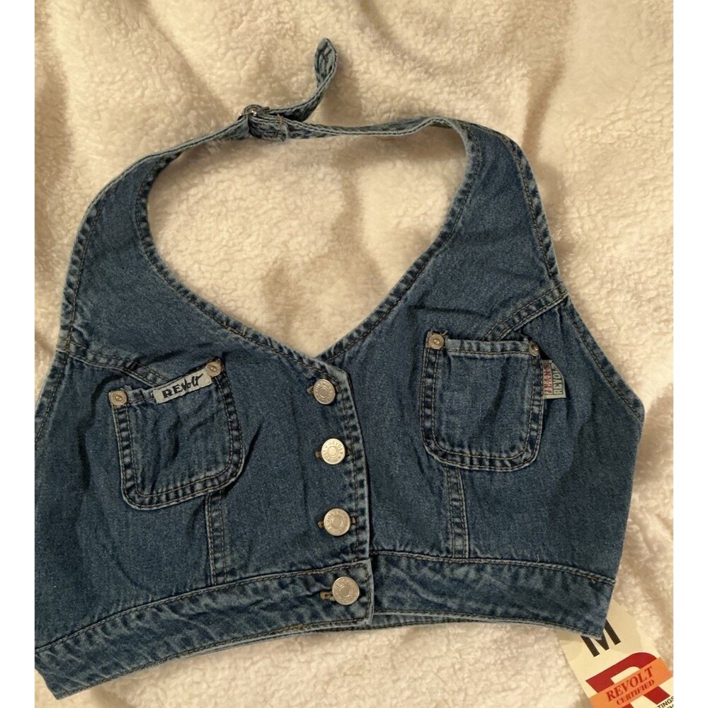 *NWT* Revolt Denim Halter Crop Top Size Medium Snap Front Buttons Adj Strap